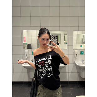 百搭印花爱心T恤 复古甜酷风设计绑带斜肩辣妹上衣女夏季 F383 美式