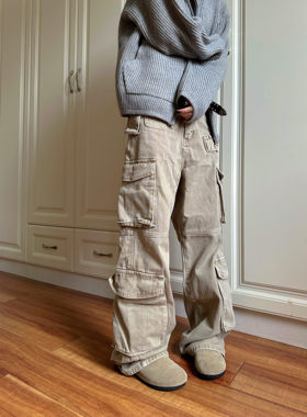 F383 2024复古做旧多口袋卡其色直筒工装裤男女街头宽松休闲裤ins