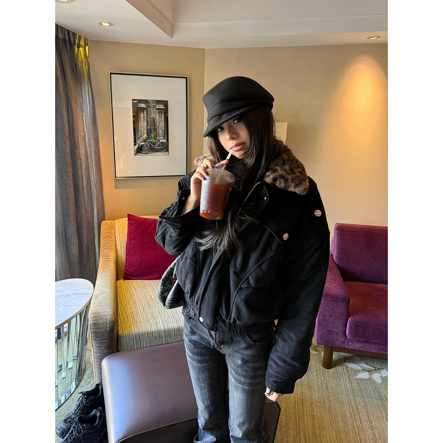 F383 美式复古拼接豹纹翻领夹克棉服男女冬季新款保暖棉衣外套ins