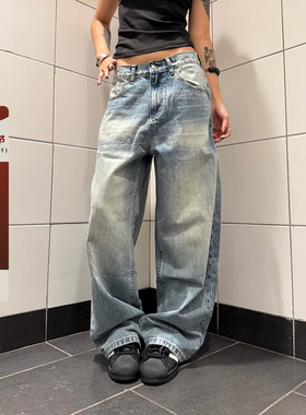 F383 美式复古猫须渐变直筒牛仔裤男女宽松百搭休闲阔腿拖地长裤