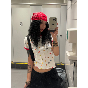 彩色水果印花短袖 复古短款 T恤女宽松百搭正肩圆领夏 2025美式 F383