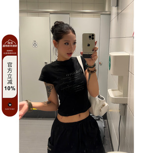 2025夏季 正肩休闲短袖 甜辣妹风烫钻修身 T恤女美式 上衣潮 短款 F383