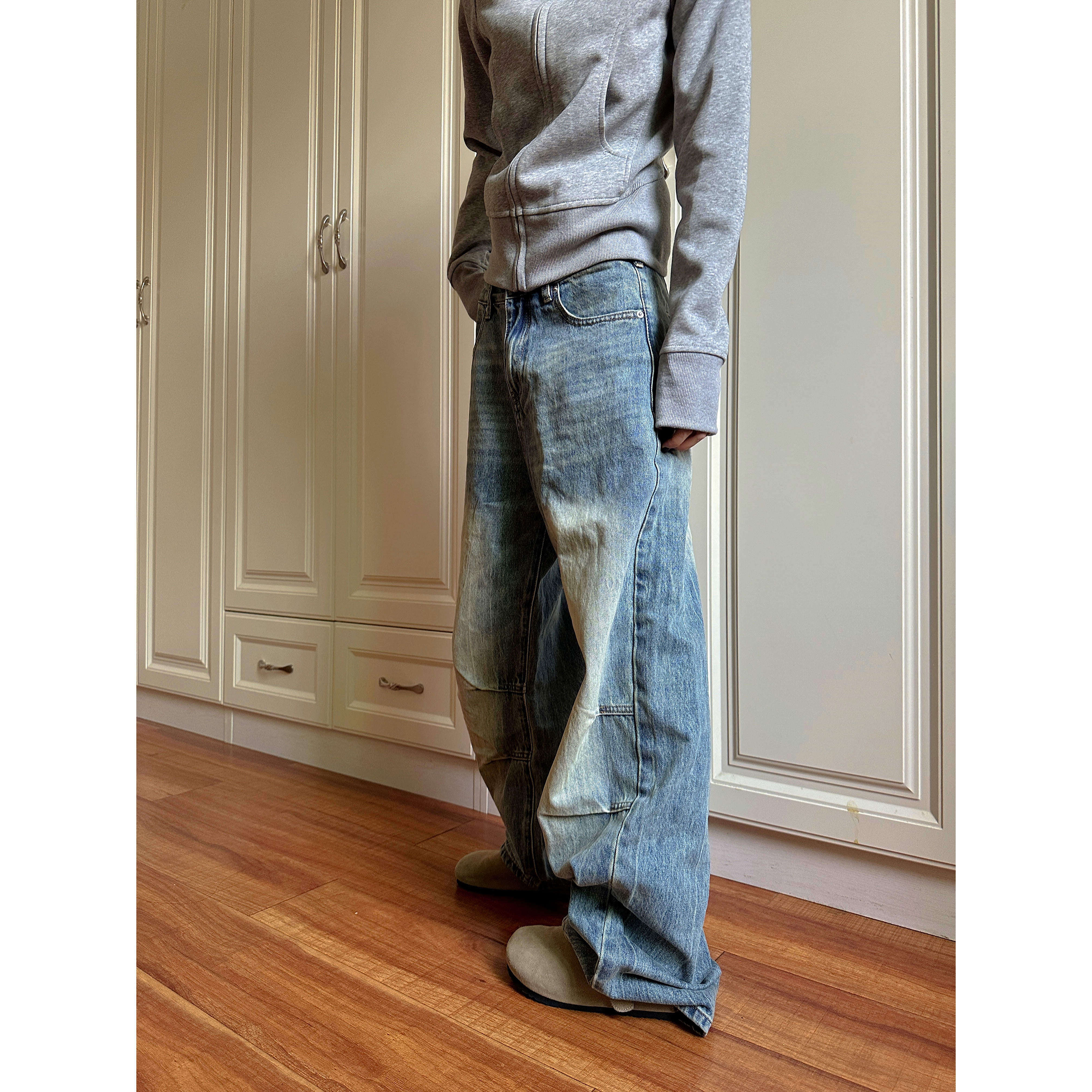 F383 2026美式复古cleanfit褶皱做旧牛仔裤男女阔腿直筒百搭裤子