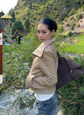 F383 美式复古拼接翻领斜边拉链修身显瘦百搭皮革夹克短外套女ins