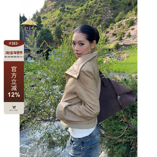 F383 美式复古拼接翻领斜边拉链修身显瘦百搭皮革夹克短外套女ins