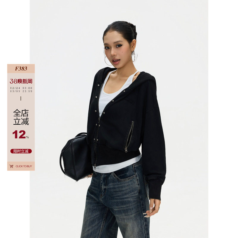 F383 美式复古vintage铆钉连帽长袖卫衣女短款宽松双拉链开衫外套