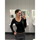 美式 复古慵懒风V领长袖 T恤修身 F383 显瘦辣妹打底衫 正肩百搭上衣