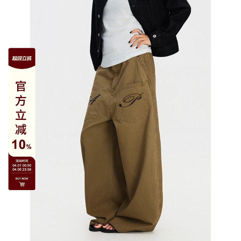 F383 美式复古反穿口袋设计刺绣阔腿工装裤男女宽松弯刀休闲裤ins