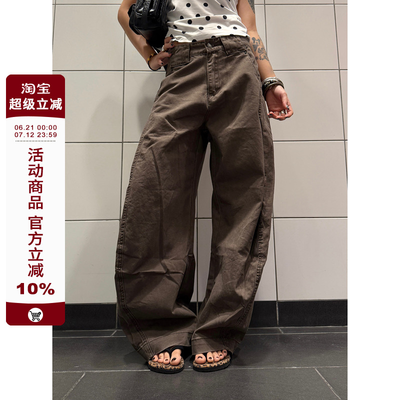 F383 美式复古卡其色弯刀工装牛仔裤男女宽松直筒百搭阔腿长裤ins