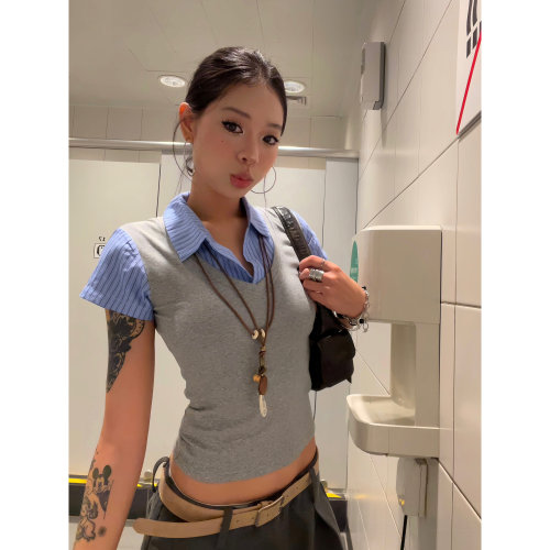 【F383】假两件衬衫拼接短袖