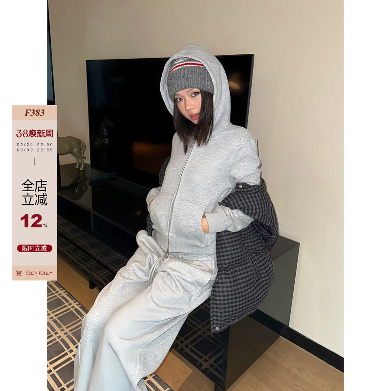 F383 美式复古短款简约显瘦连帽卫衣百搭女宽松基础拉链开衫外套