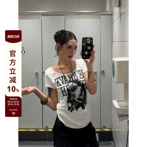 【F383】辣妹人像字母印花短袖