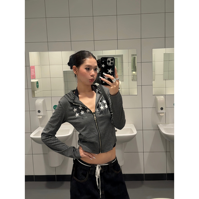 F383条纹星星印花连帽卫衣