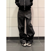 男女潮流休闲宽松阔腿裤 复古cleanfit原牛黑色牛仔裤 子 美式 F383