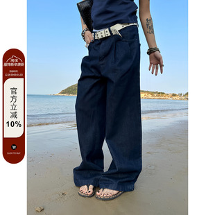 长裤 F383 宽松直筒工装 复古原牛蓝色压褶阔腿牛仔裤 男女 2025美式