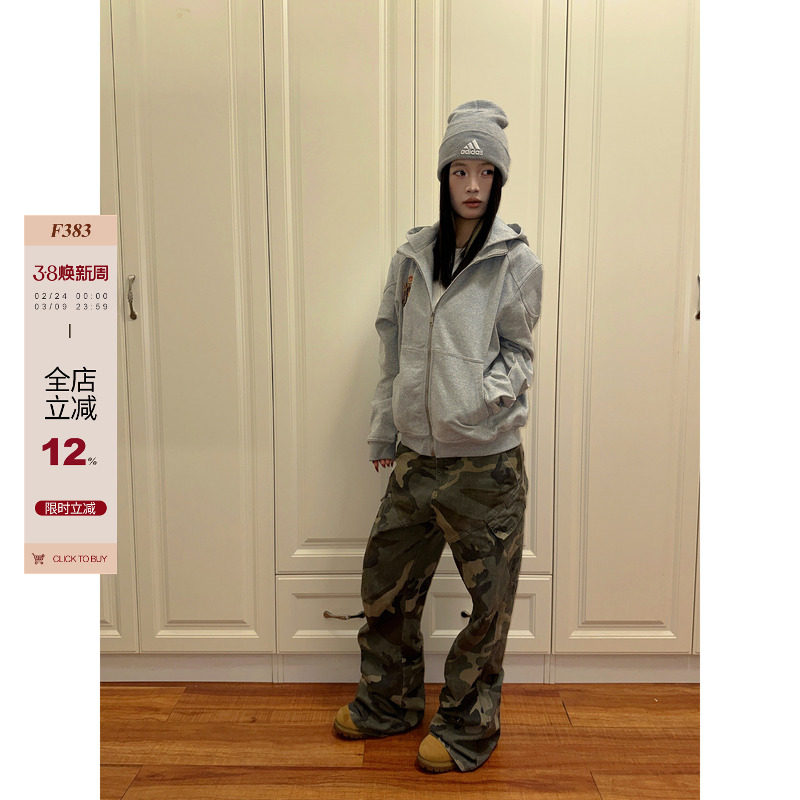 F383 2024美式复古刺绣连帽拉链卫衣开衫男女款宽松百搭休闲外套