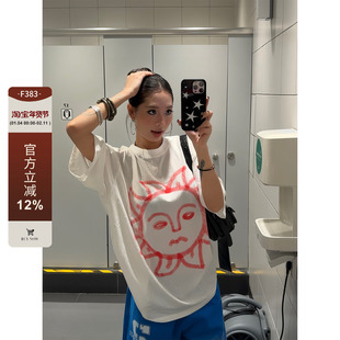 F383 美式手绘创意太阳印花圆领短袖T恤夏季百搭宽松休闲打底上衣