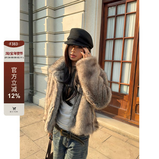 F383 美式复古短款渐染翻领毛毛外套女秋冬宽松慵懒风毛绒上衣ins