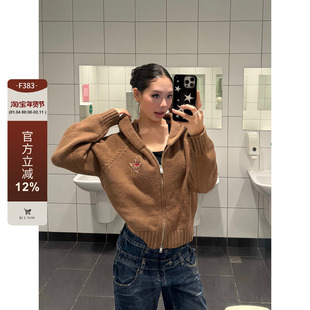 F383 美式复古五角星刺绣连帽针织衫女软糯慵懒风短款开衫毛衣ins