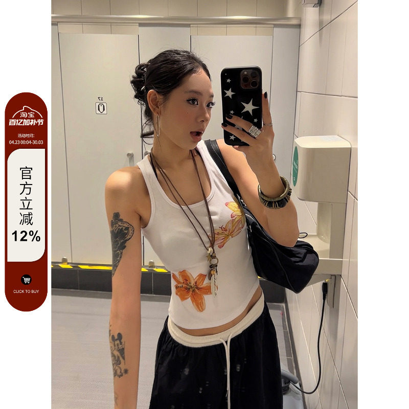 F383 2025美式夏季植物花卉印花工字背心辣妹修身显瘦休闲上衣ins