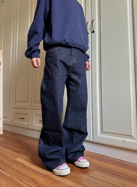 F383 2026美式复古单宁原色阔腿直筒深蓝色牛仔裤cleanfit男女ins