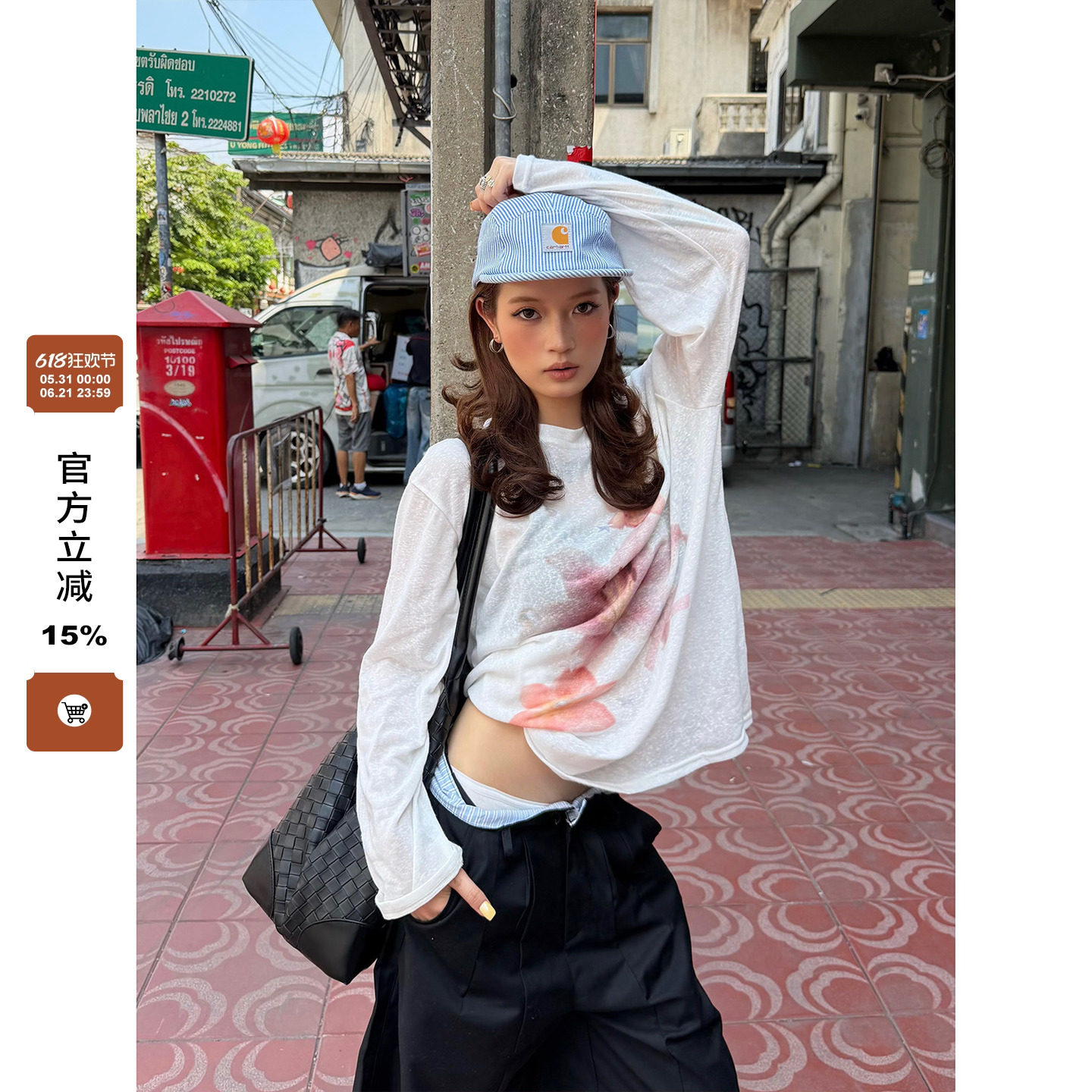 F383 美式复古圆领长袖t恤女春夏季花卉薄款防晒罩衫宽松显瘦上衣