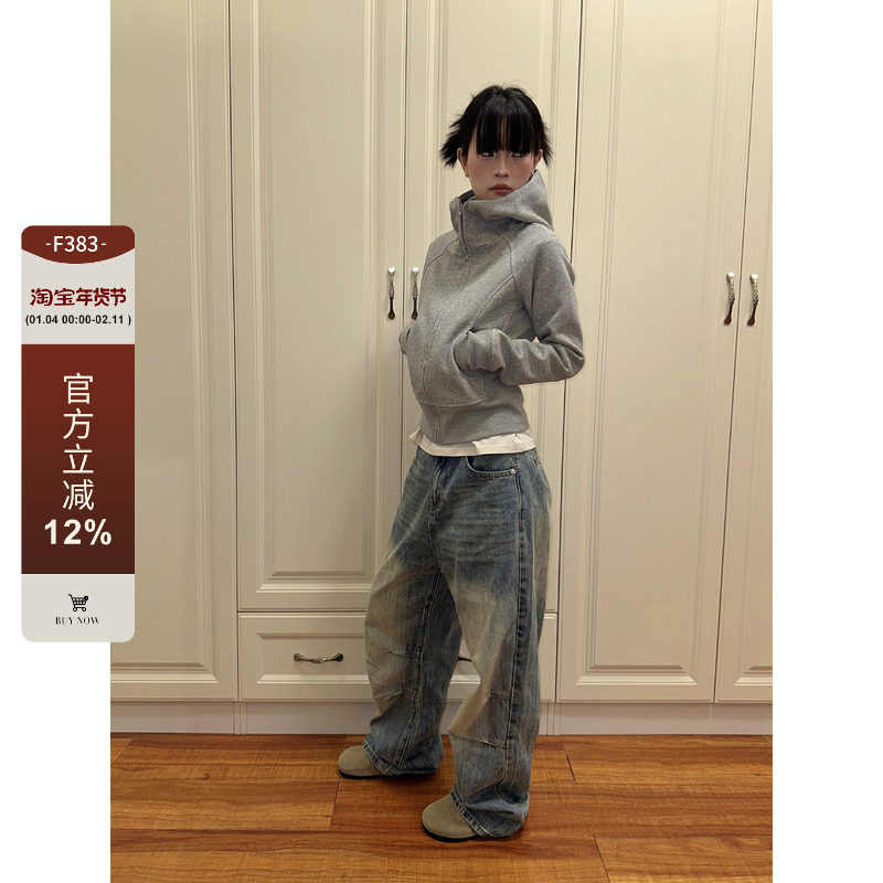 F383 2025灰色短款连帽卫衣女早秋新款修身显瘦长袖美式拉链外套