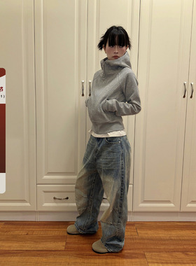 F383 2025灰色短款连帽卫衣女早秋新款修身显瘦长袖美式拉链外套