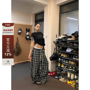 F383 美式复古慵懒风百搭格子裤男女爵士舞双腰头拼接宽松阔腿裤