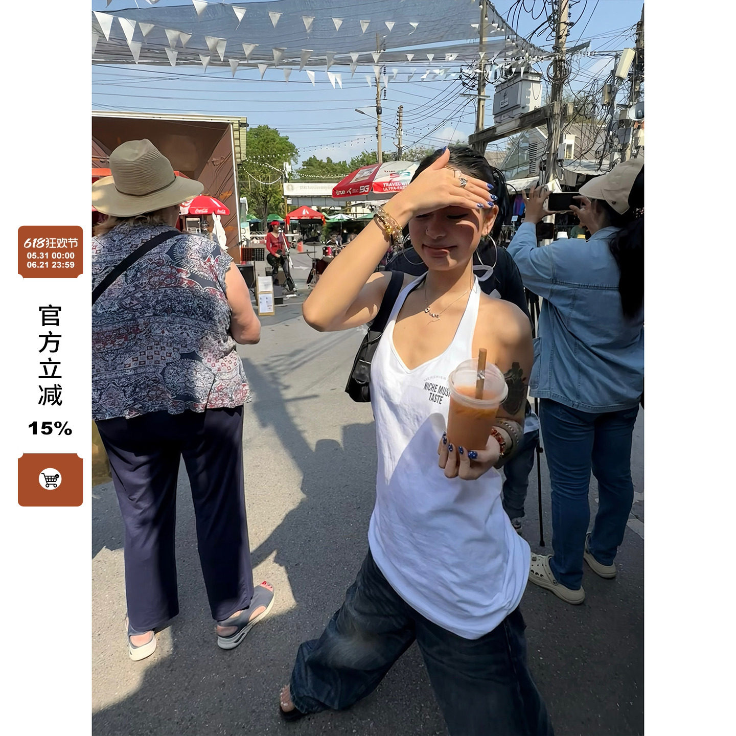 F383 美式复古辣妹字母印花挂脖吊带背心女夏季外穿显瘦露背上衣
