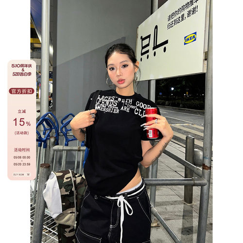 【F383】字母印花正肩短袖