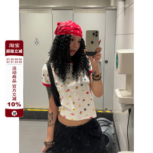 F383 復古短款 彩色水果印花短袖 T恤女寬松百搭正肩圓領夏 2025美式