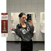 F383 美式 复古水洗设计字母印花拉链连帽卫衣女宽松休闲百搭上衣