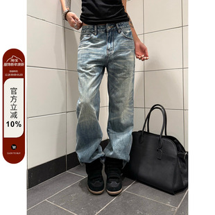 直筒宽松显瘦百搭裤 复古水洗做旧猫须纹垂感牛仔裤 子ins 美式 F383