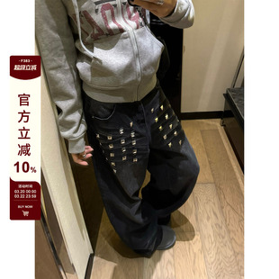 F383 美式复古水洗铆钉阔腿牛仔裤男女宽松休闲百搭潮流拖地长裤