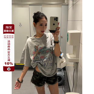 F383 T恤宽松情侣上衣男女 2025美式 复古卡通小狗印花设计圆领短袖