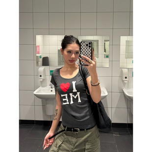 T恤女辣妹修身 复古爱自己印花U领短袖 显瘦百搭休闲上衣 美式 F383