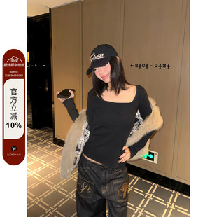 T恤女秋修身 F383 大领口长袖 复古纯色基础款 显瘦打底内搭上衣 美式