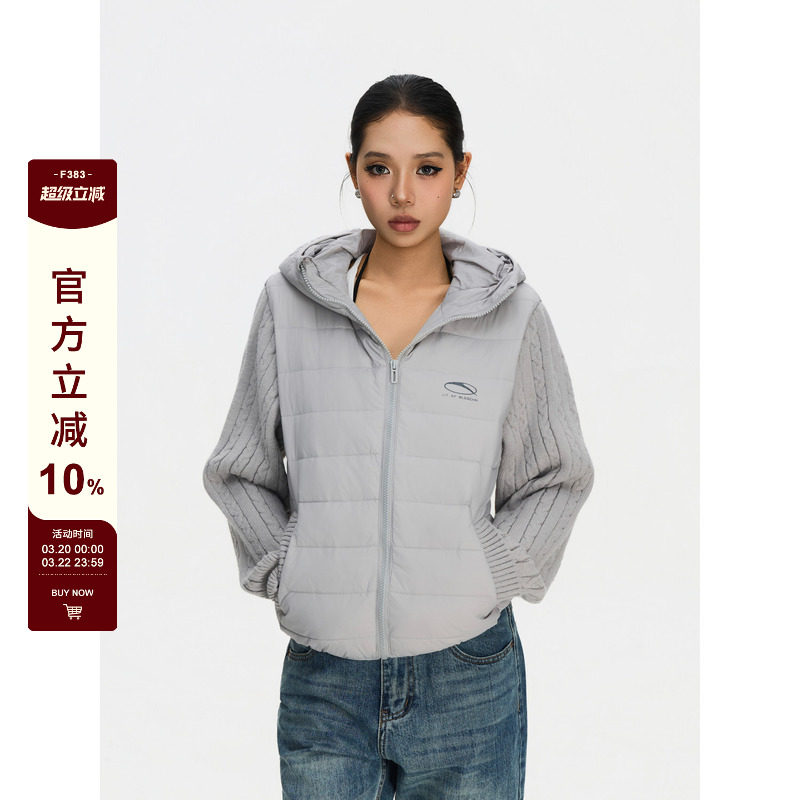 F383 美式复古连帽拼接针织长袖羽绒服男女高级感休闲百搭外套ins