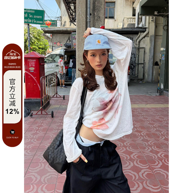 F383 美式复古圆领长袖t恤女春夏季花卉薄款防晒罩衫宽松显瘦上衣