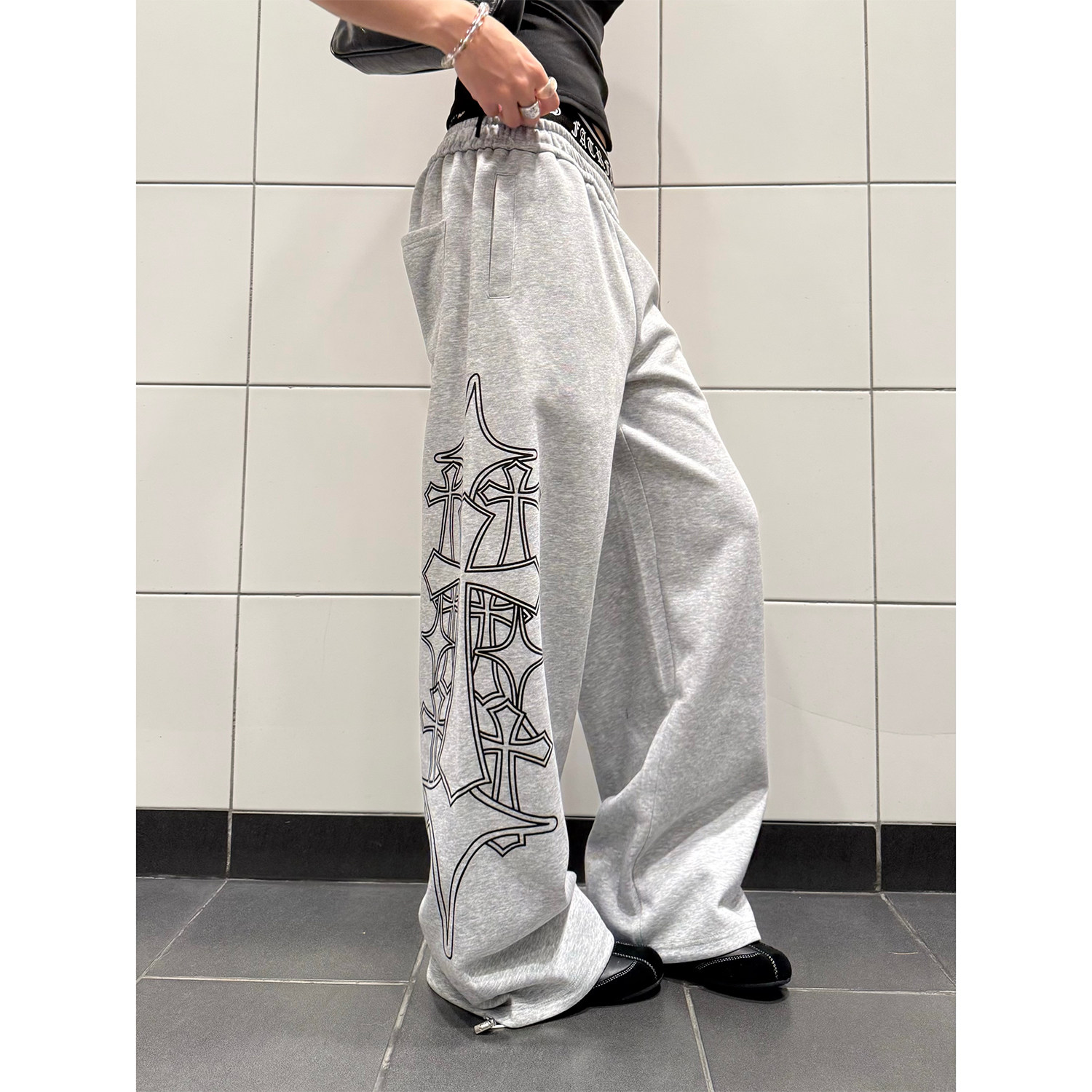 F383 美式复古高街双腰头印花休闲运动卫裤男女宽松直筒百搭长裤