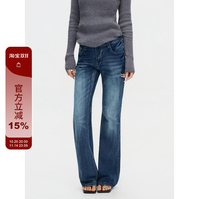 F383辣妹深蓝低腰竹节纹牛仔裤