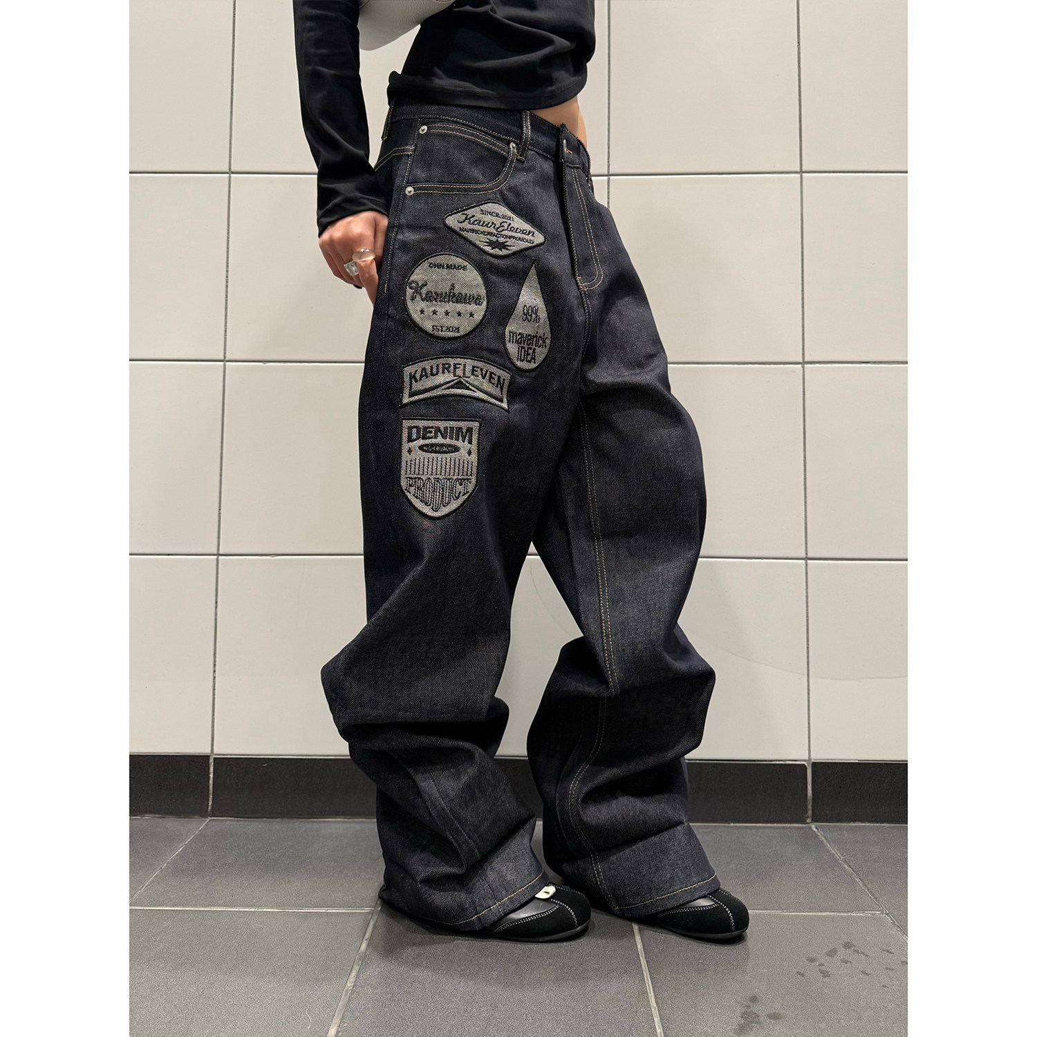 F383 美式复古高街贴布刺绣原牛色牛仔裤男女宽松直筒百搭长裤ins