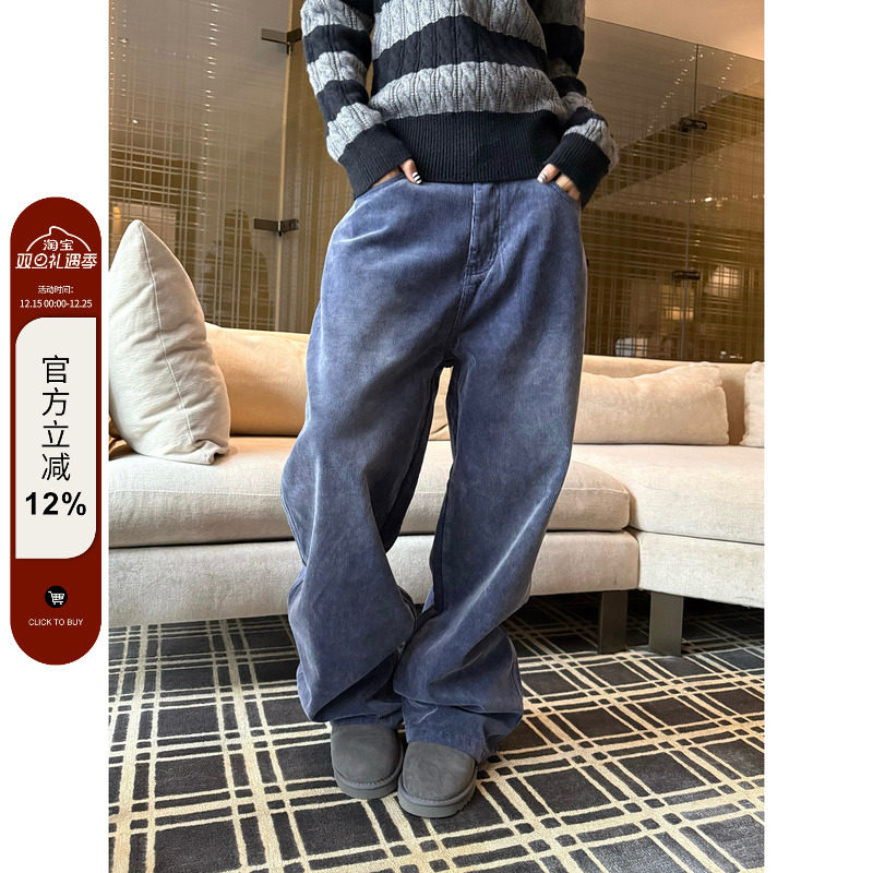 F383蓝色水洗灯芯绒阔腿裤