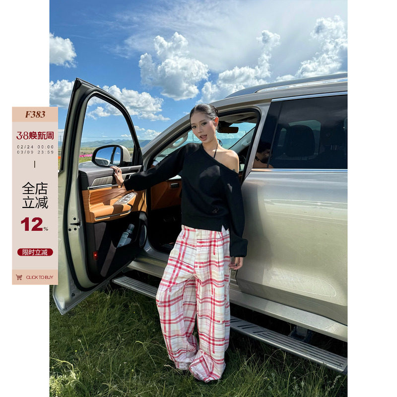 F383 美式复古宽松斜肩松弛感长袖T恤女设计感百搭短款露肩上衣