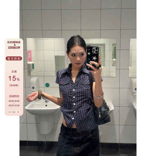 F383美式复古格子正肩短袖衬衫