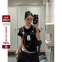 F383 2025美式复古运动风球衣短袖夏T恤条纹V领正肩显瘦百搭女ins