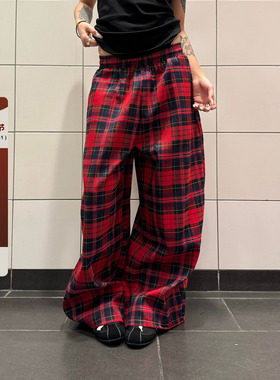 F383 美式复古设计感拼色格子抽绳休闲裤百搭阔腿拖地长裤男女ins