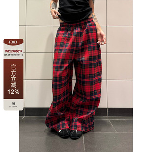 F383 美式复古设计感拼色格子抽绳休闲裤百搭阔腿拖地长裤男女ins