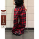 F383 男女ins 百搭阔腿拖地长裤 美式 复古设计感拼色格子抽绳休闲裤